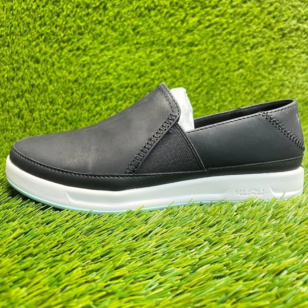KURU Black Leather Slip-On Loafers with White Sole